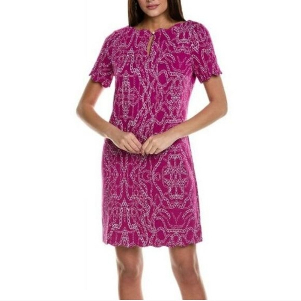 Tyler Boe Magenta Chain Bougainvilla Print Scalloped Anna Shift Dress